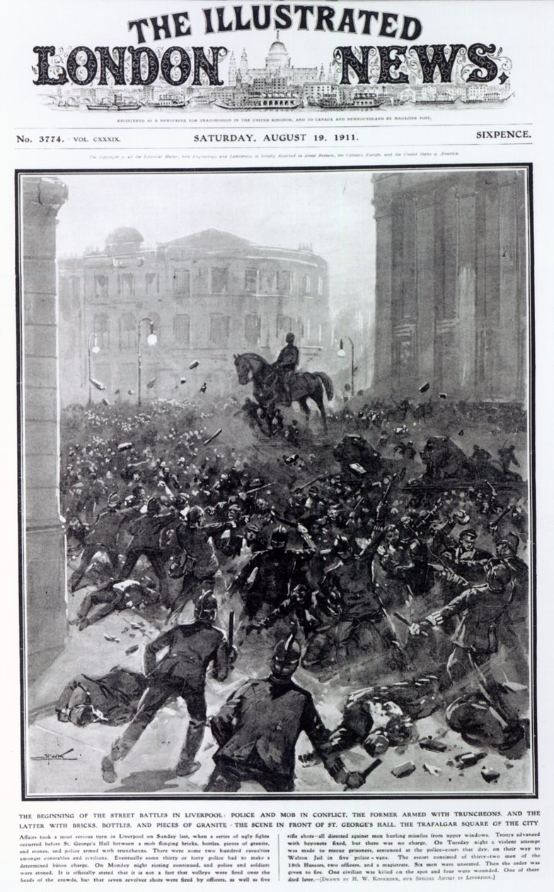 Walka w Liverpool General Transport Strike, okładka „The Illustrated London News”, 19 sierpnia 1911 (druk) autorstwa Hermanus Willem Koekkoek