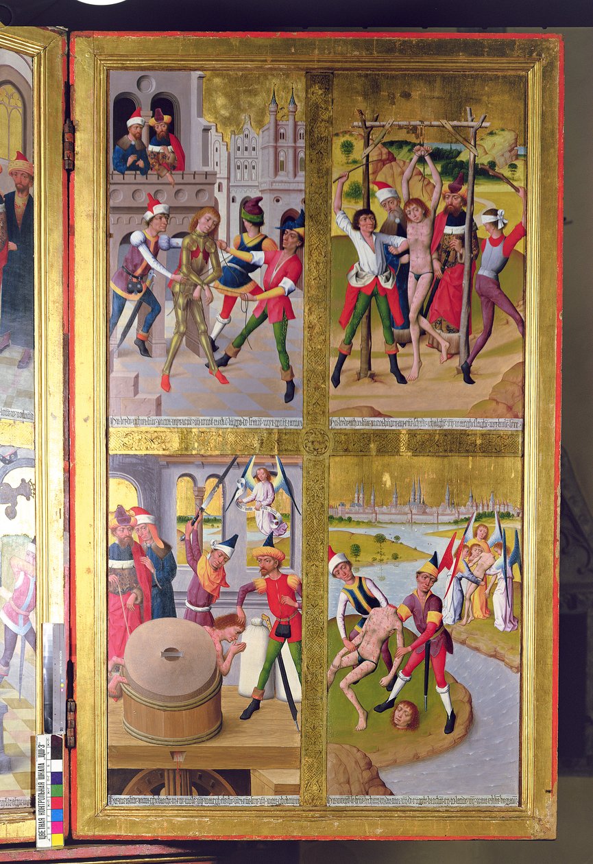 Sceny z życia św. Wiktora z sekcji wewnętrznej prawego skrzydła zewnętrznego dawnego ołtarza głównego w kościele św. Mikołaja, 1481 (tempera na desce) autorstwa Hermen Rode