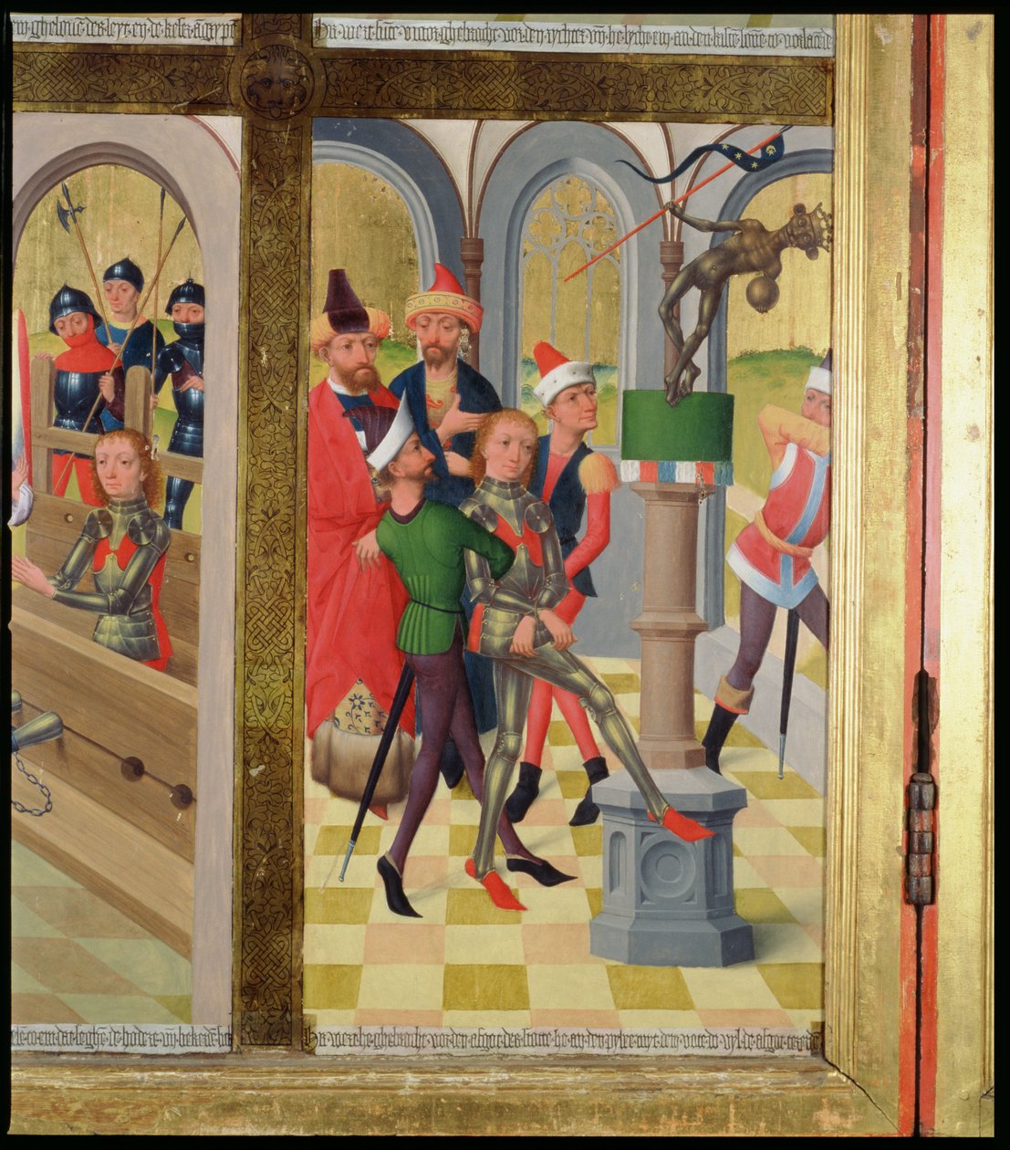 Św. Wiktor z Marsylii obalający pogańskiego bożka, z ołtarza głównego kościoła św. Mikołaja, 1481 (szczegół) (patrz 197689-92) autorstwa Hermen Rode