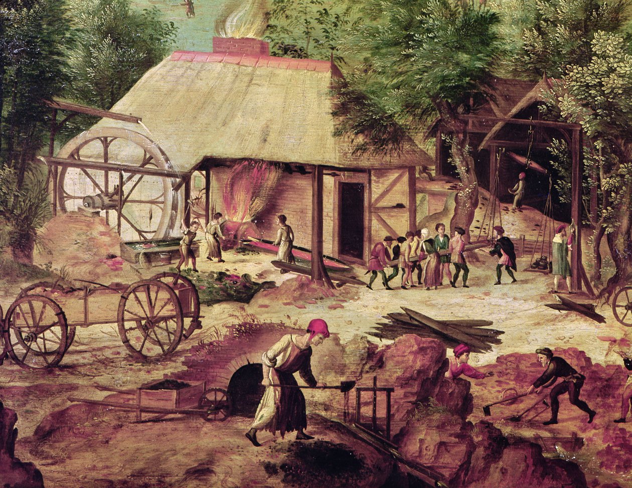 Krajobraz z kuźnią, detal odlewni (detal z 316368) autorstwa Herri met de Bles