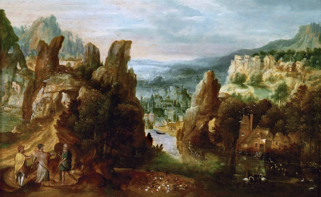 Pejzaż z drogą do Emaus - Pejzaż z drogą do Emaus - Henri de Herri spotkał de Bles (1510-1550). Olej na drewnie, ok. 1535-1540. Wymiary: 14,6 x 33,5 cm. Muzeum Historii Sztuki, Wiedeń autorstwa Herri met de (c.1510 p.1550) Bles