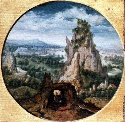 Św. Hieronim w pokucie w fantastycznym krajobrazie autorstwa Herri met de (c.1510 p.1550) Bles