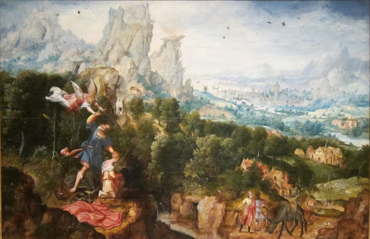 Gdy Abraham podnosi rękę, by zabić Izaaka, anioł powstrzymuje jego dłoń (Rdz 22:10). autorstwa Herri met de Bles