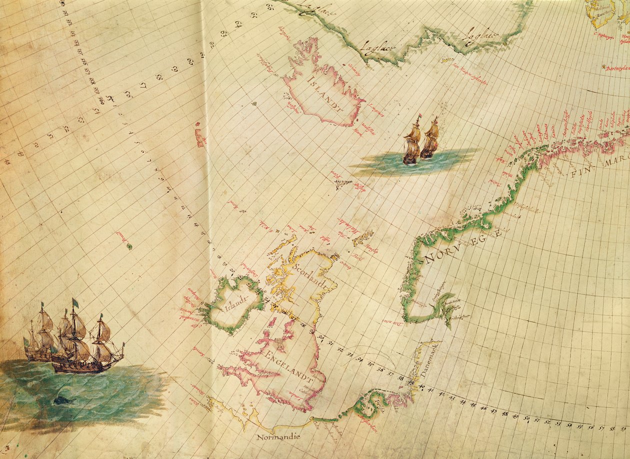 Ms. 1288 fol. 1 The Polar Aurora, detail of England, Ireland and Norway, from a Collection of Dutch Marine Maps engraving autorstwa Hessel Gerritsz