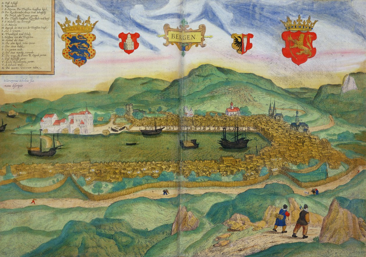 Mapa Bergen, z „Civitates Orbis Terrarum” Georga Brau (1541-1622) i Franza Hogenberga (1535-90) c.1571-1600 autorstwa Hieronymous Scholeus