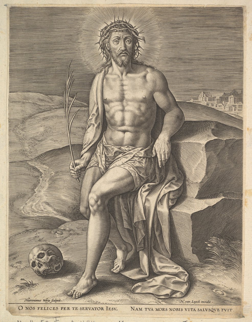 Chrystus siedzący na zimnym kamieniu przed ok. godz. 1586. autorstwa Hieronymous Wierix