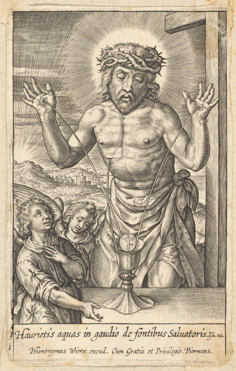 Krew Odkupiciela czczona przez dwóch aniołów przed 1619 r. autorstwa Hieronymous Wierix