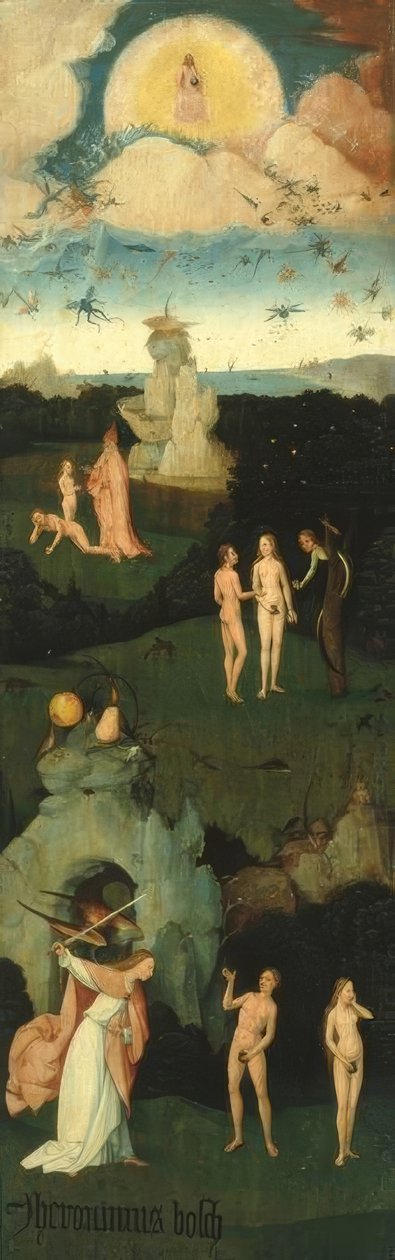 Upadek anioła, stworzenie Ewy, upadek człowieka, wygnanie z raju autorstwa Hieronymus Bosch