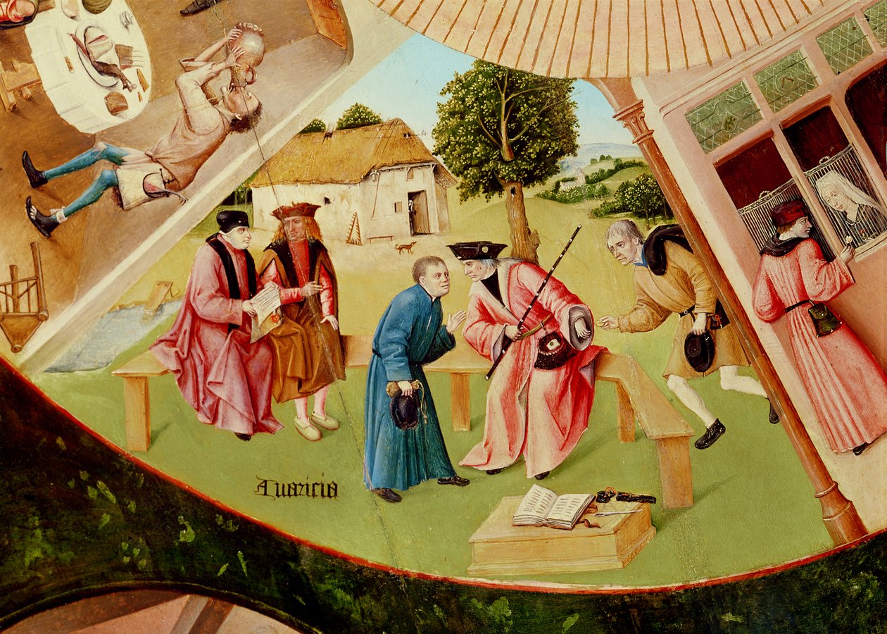 Chciwość, szczegół z Tabeli Siedmiu Grzechów Głównych i Czterech Rzeczy Ostatecznych, ok. 1480 (olej na drewnie) (patrz także 169586) autorstwa Hieronymus Bosch