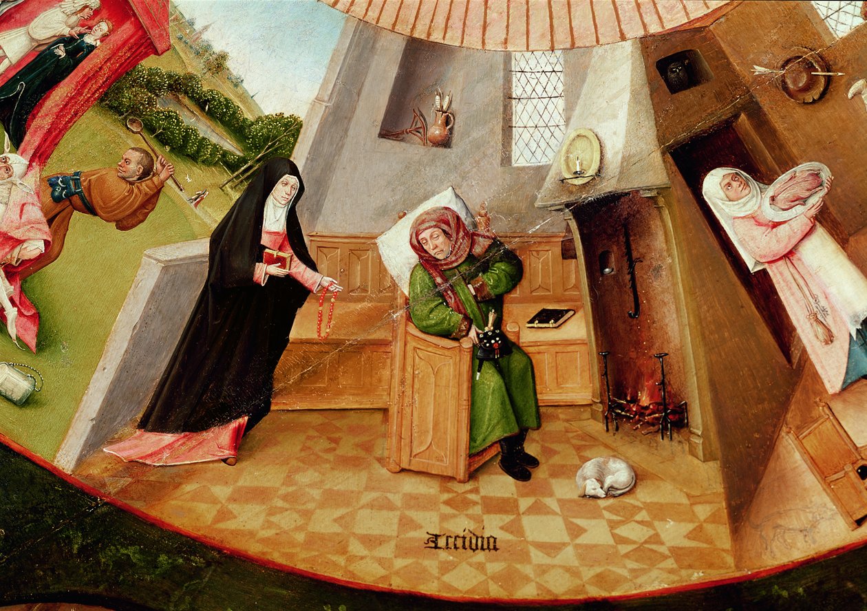 Lenistwo, fragment z Tabeli Siedmiu Grzechów Głównych i Czterech Rzeczy Ostatecznych, ok. 1480 autorstwa Hieronymus Bosch