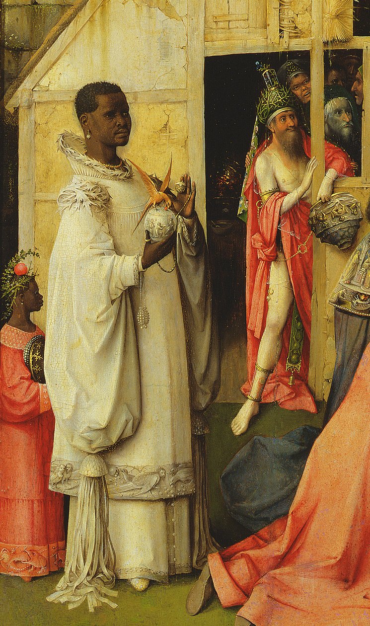 Pokłon Trzech Króli, detal jednego z królów, 1510 olej na fragmencie deski z 3427 autorstwa Hieronymus Bosch