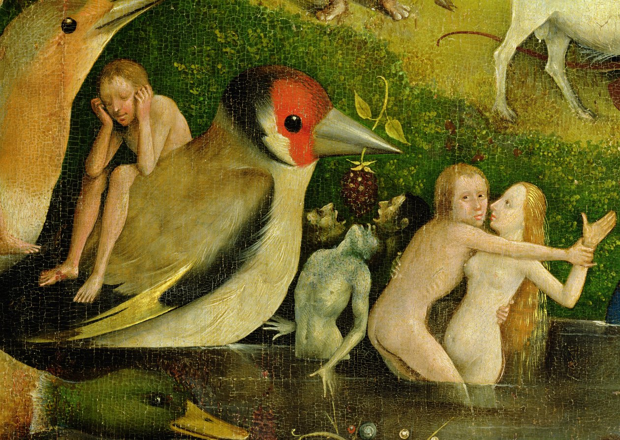 Ogród rozkoszy ziemskich: Alegoria luksusu, centralny panel tryptyku, fragment pary w wodzie i ptaka, ok. 1500 (detal 420) autorstwa Hieronymus Bosch