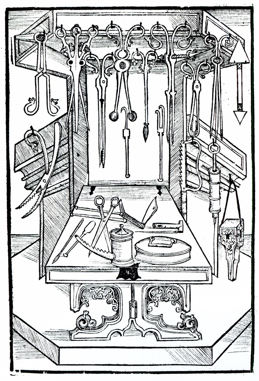 Stół operacyjny i narzędzia chirurgiczne, z „Das Buch der Cirugia”, opublikowane w Strasburgu, 1497 autorstwa Hieronymus Brunschwig