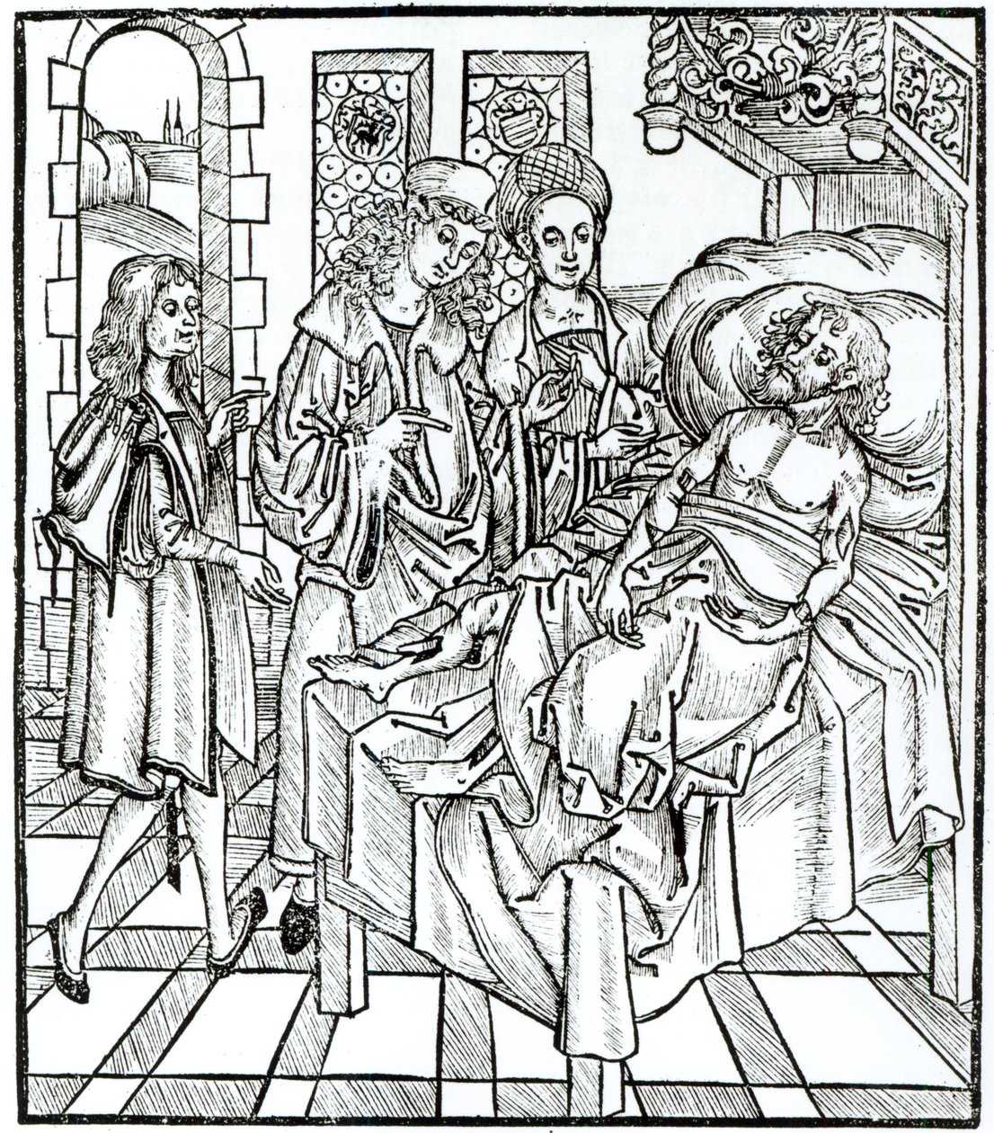 Chirurg i asystenci odwiedzają ciężko rannego człowieka, z "Das Buch der Cirugia", wyd. Strasburg, 1497 r. autorstwa Hieronymus Brunschwig