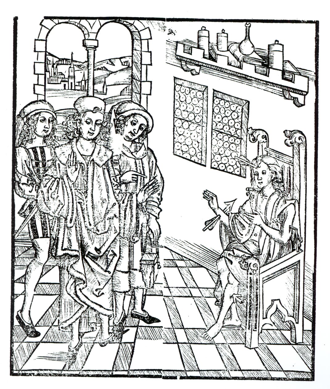 Chirurg odwiedza mężczyznę z ranami od strzał, z „Das Buch der Cirugia” opublikowanej w Strasburgu, 1497 autorstwa Hieronymus Brunschwig