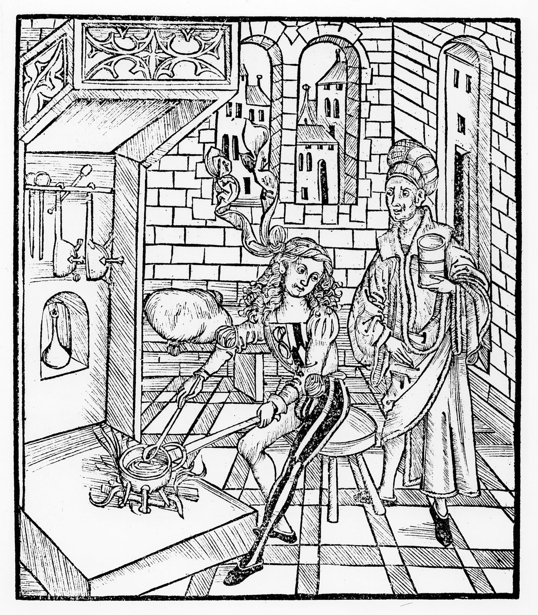 Pomocnik chirurga ogrzewający medycynę, z "Das Buch der Cirugia", wyd. Strasburg, 1497 r. autorstwa Hieronymus Brunschwig