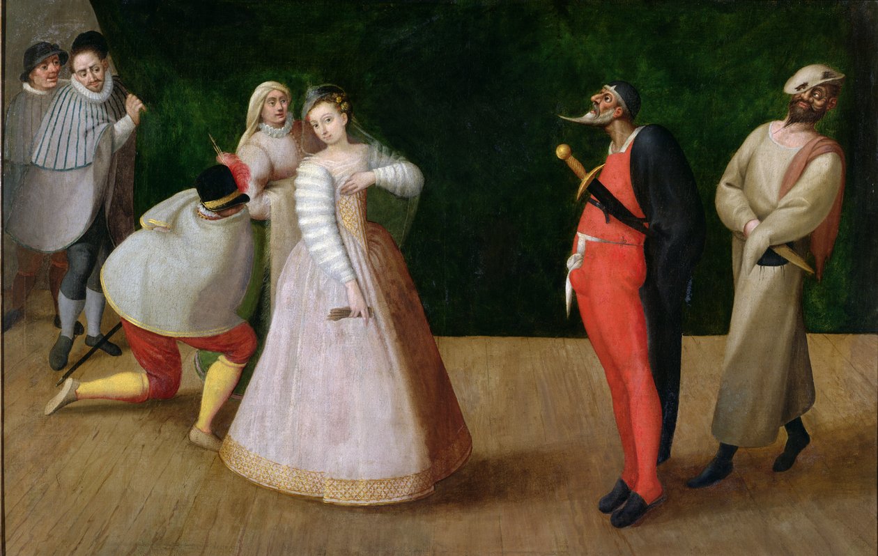 Compagnia dei Comici Gelosi z Izabelą Andreini (1562-1604) przedstawiła występ w Paryżu (patrz także 167901) autorstwa Hieronymus Francken