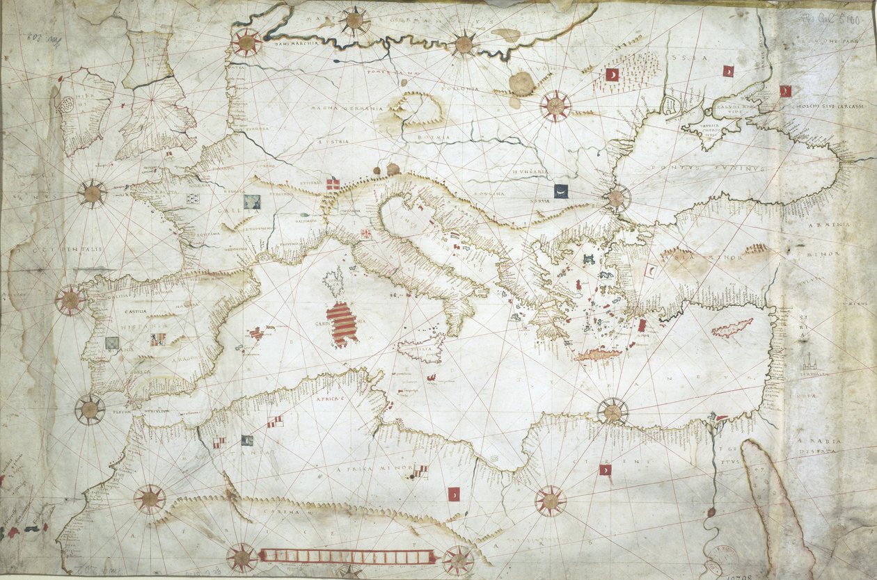 Mapa Morza Śródziemnego, Morza Czarnego i północno-wschodniego Oceanu Atlantyckiego autorstwa Hieronymus Verrazano