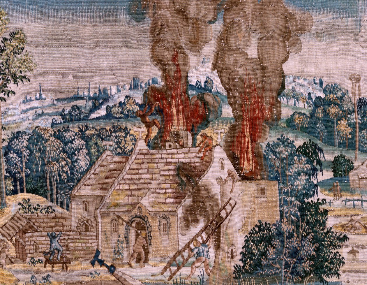 Flamandzki gobelin. Seria Cztery arrasy według Hieronima Boscha. Św. Antoni w modlitwie (San Antonio en oración). Drugi gobelin w serii. Model Zainspirowany twórczością Hieronima Boscha. Manufaktura Nieznany warsztat, Bruksela. Przed 1560. Tkanina Go autorstwa Hieronymus (after) Bosch
