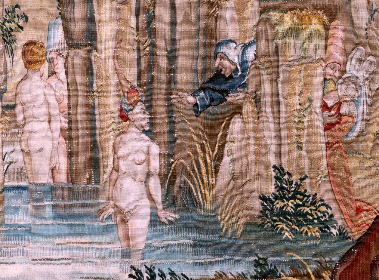 Flamandzki gobelin. Seria Cztery arrasy według Hieronima Boscha. Św. Antoni w modlitwie (San Antonio en oración). Drugi gobelin w serii. Model Zainspirowany twórczością Hieronima Boscha. Manufaktura Nieznany warsztat, Bruksela. Przed 1560. Tkanina Go autorstwa Hieronymus (after) Bosch
