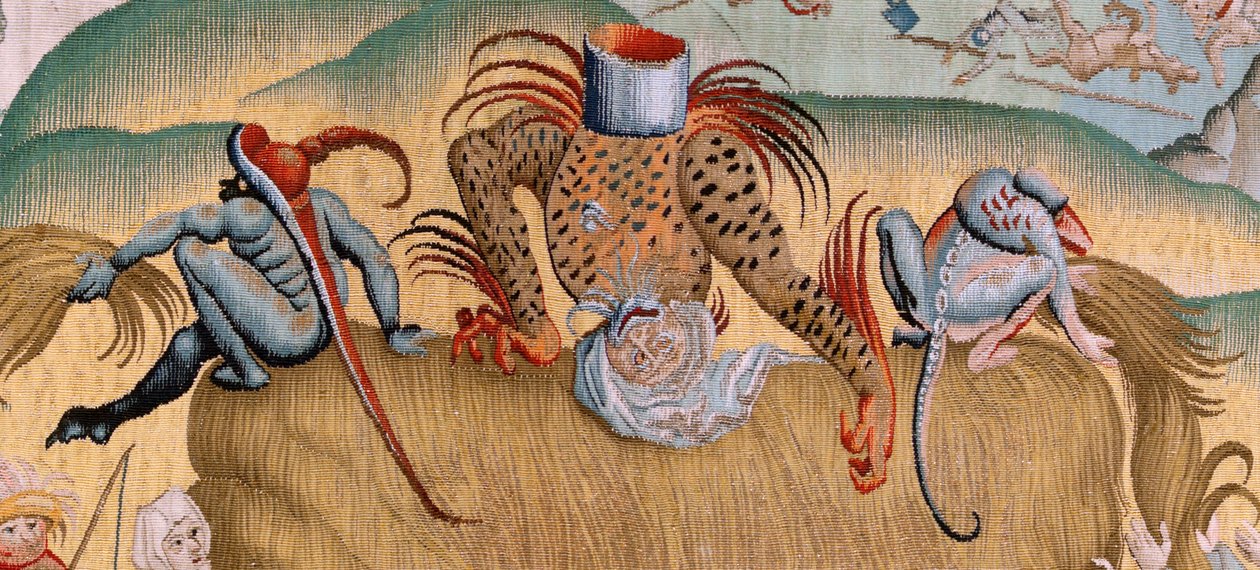 Flamandzki gobelin. Seria Cztery arrasy według Hieronima Boscha. Utrapienia ludzkiego życia (Tribulaciones de la vida humana). Trzeci gobelin w serii. Model Zainspirowany twórczością Hieronima Boscha. Manufaktura Nieznany warsztat, Bruksela. przed 1560 autorstwa Hieronymus (after) Bosch