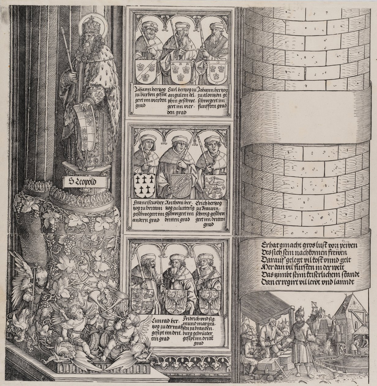 Maksymilian jako architekt, z posągiem św. Leopolda i popiersiami rodu Maksymiliana..., 15171518. autorstwa Hieronymus Andreae