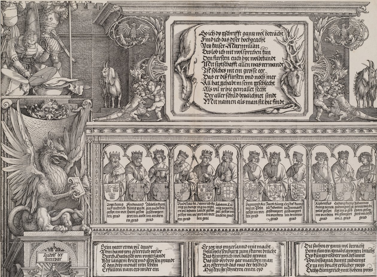 Część górna portalu prawego z napisem na skórze jelenia, fryz z ..., 1515. autorstwa Hieronymus Andreae