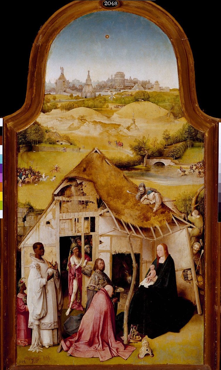 Adoracja Trzech Króli Centralny panel tryptyku Objawienia Pańskiego. Obraz Hieronymusa Van Aekena (Aken) dit Jerome Bosch (1450-1516). 1510-1511. Ciemny. 138x72 cm Madryt. Muzeum Prado. autorstwa Hieronymus Bosch