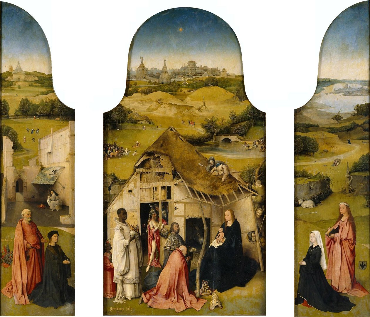 Adoracja Trzech Króli, Wnętrze (Święty Piotr z darczyńcą, Adoracja Trzech Króli, Święta Agnieszka z darczyńcą) autorstwa Hieronymus Bosch