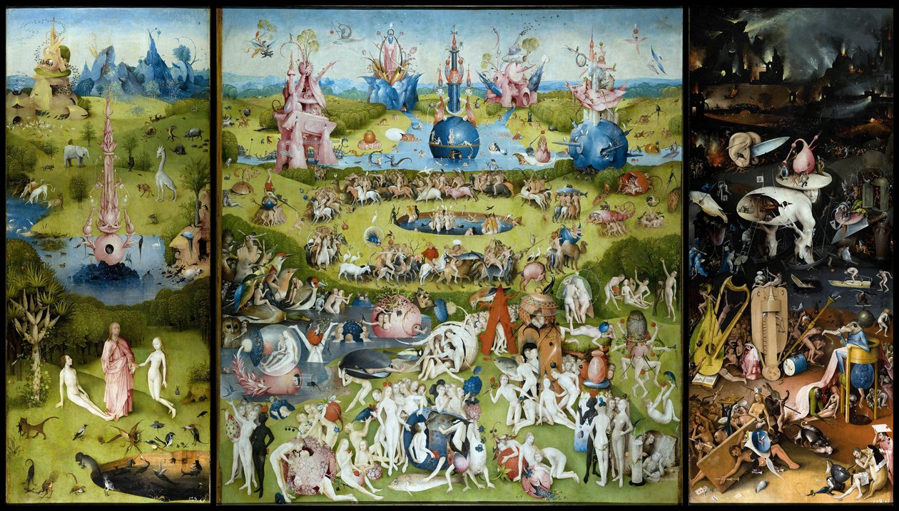 „Ogród rozkoszy ziemskich” Lewy panel: stworzenie Adama i Ewy. Panel centralny: miłośnicy delektowania się owocami. Prawy panel: piekło. Tryptyk Hieronymusa Van Aekena (Aken) znanego jako Jerome Bosch (1450-1516) autorstwa Hieronymus Bosch