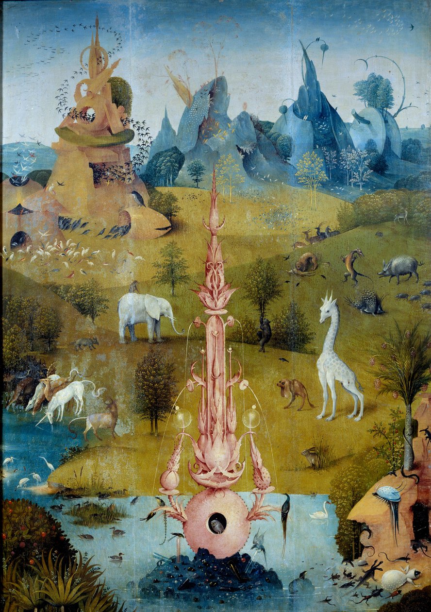 Raj La Fontaine. Fragment lewej części tryptyku „The Garden of Delices” autorstwa Hieronima Van Akena (Aken) dit Jerome Bosch (1450-1516) autorstwa Hieronymus Bosch