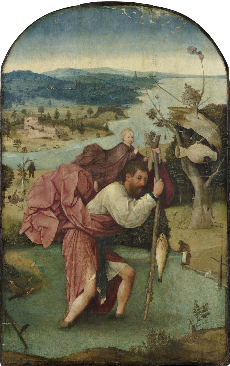 Święty Krzysztof niosący Dzieciątko, ok. 1500 (olej na płycie) autorstwa Hieronymus Bosch