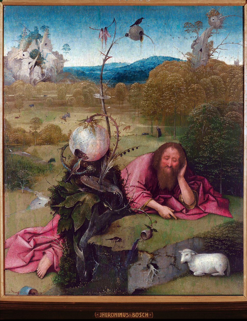 Święty Jan Chrzciciel na pustyni - Obraz Jeronimusa van Akena, autorstwa Jerome (Hieronymus) Bosch (ok. 1450 -1516), olej na drewnie, 48,5x40 cm, ok. 1489 - Madryt, Museo Lazaro Galdiano autorstwa Hieronymus Bosch