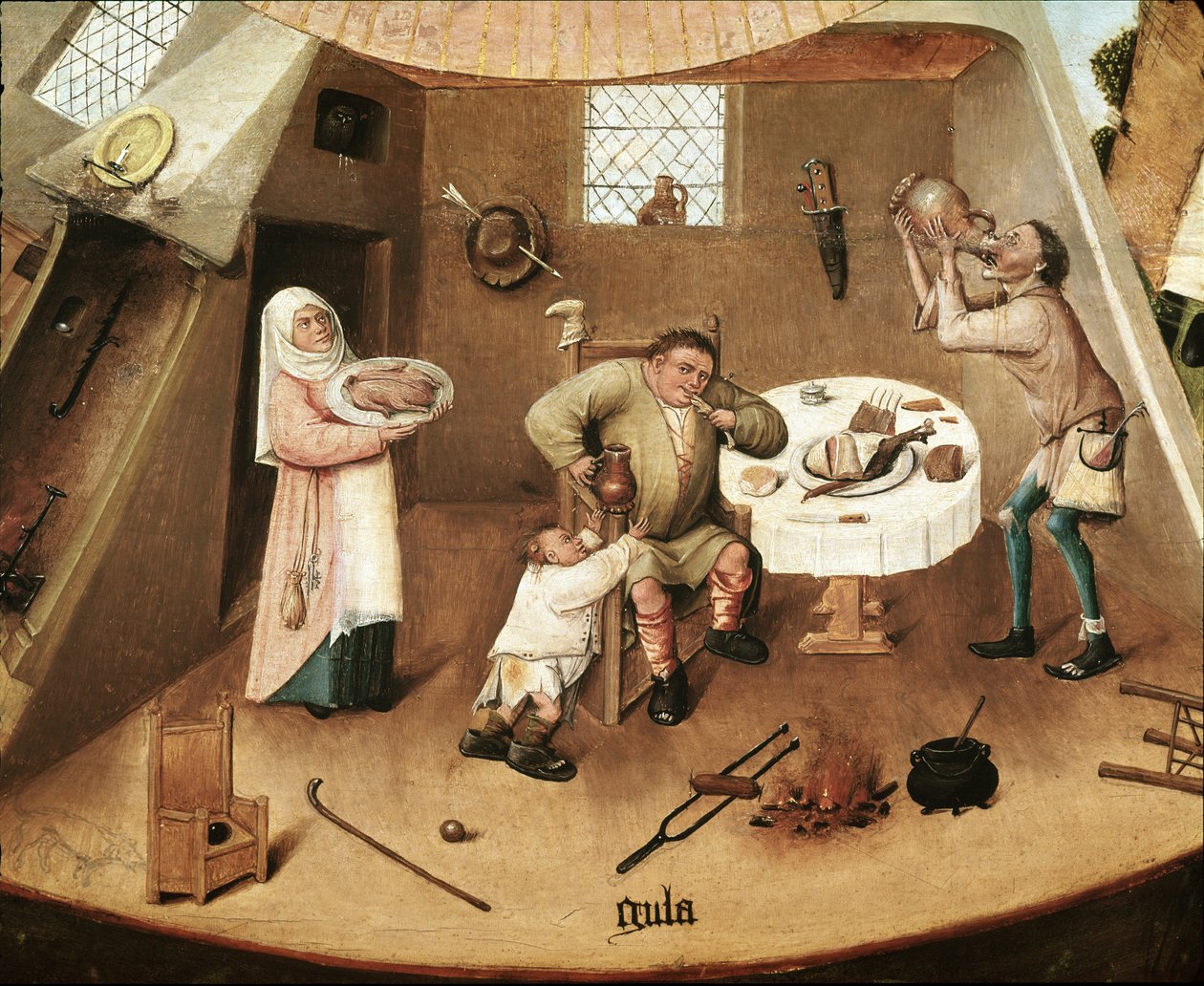 Siedem grzechów głównych: chciwość. Detal (olej na panelu) autorstwa Hieronymus Bosch