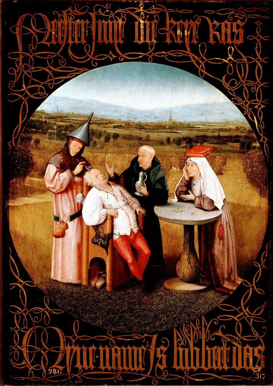 Wydobycie kamienia szaleństwa (cięcie kamienia lub lekarstwo na szaleństwo) - Malarstwo autorstwa Hieronymus Bosch