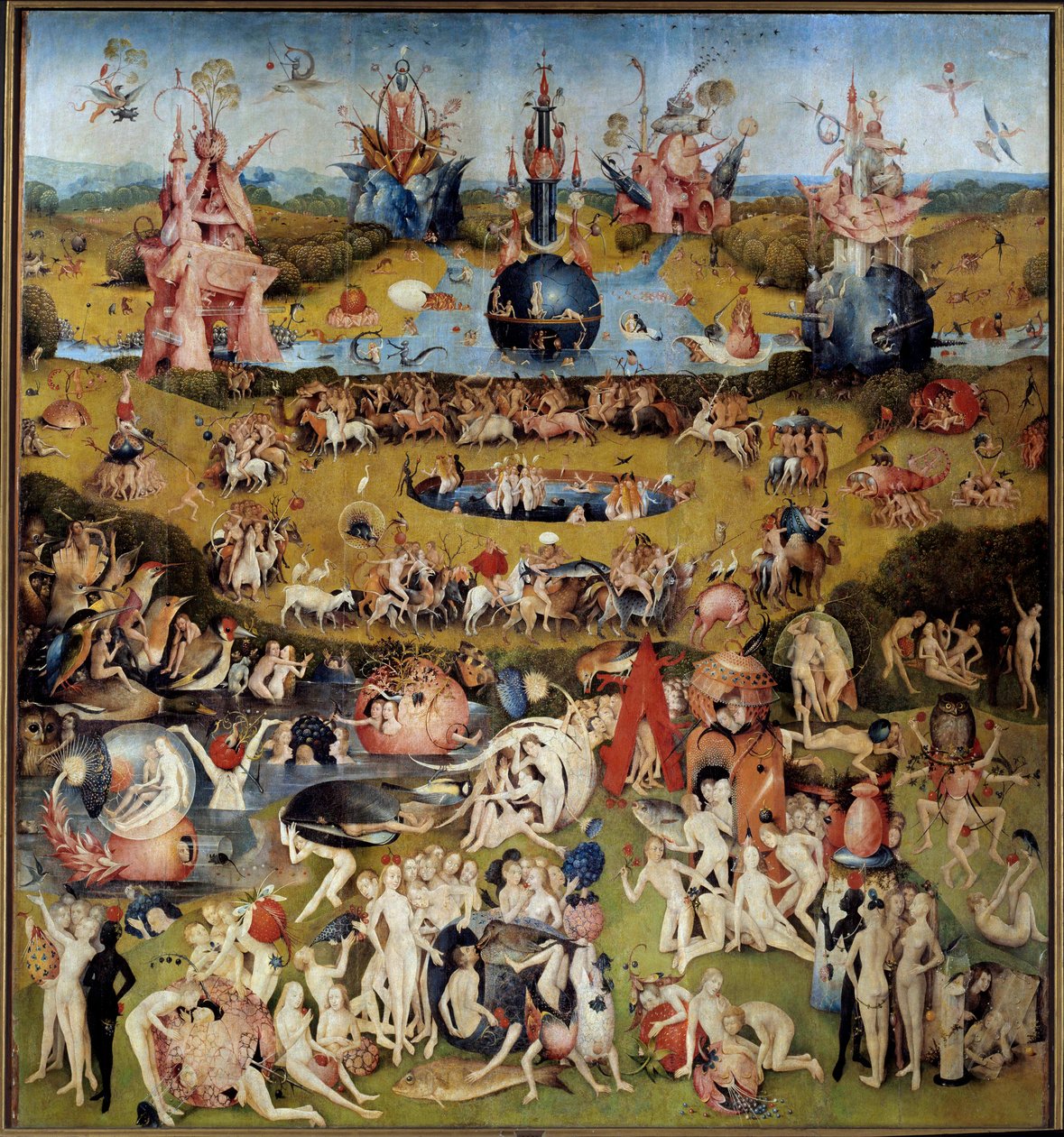 Ogród rozkoszy ziemskich. Panel centralny: kochankowie delektujący się owocami autorstwa Hieronymus Bosch