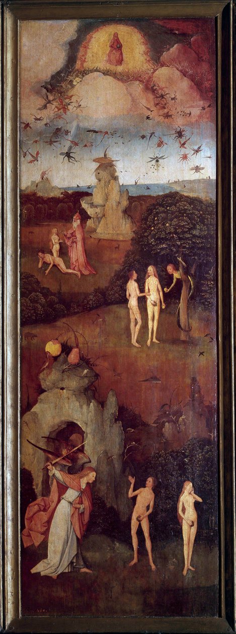 Wóz z sianem Stworzenie Adama i Ewy. Są ścigani z Raju po grzechu pierworodnym. Lewy panel alegorycznej trypsyny na Przełęczy, prezent Hieronymusa Van Aekena (Aken) zwanego Jerome Bosch (1450-1516), ok. 1490. Madryt, Muzeum Prado autorstwa Hieronymus Bosch