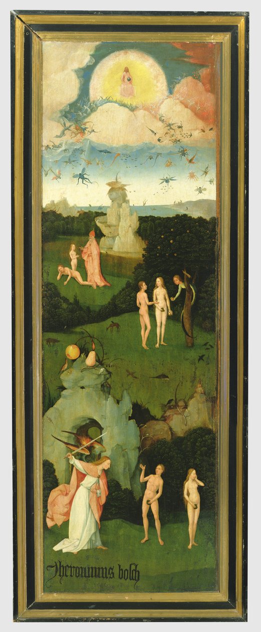 The Haywain: lewe skrzydło tryptyku przedstawiającego Ogród Eden, ok. 1500 (panel) autorstwa Hieronymus Bosch