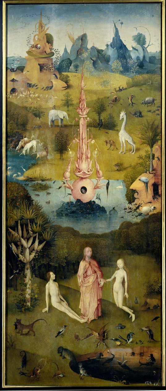 Raj, stworzenie Adama i Ewy (lewy panel Ogrodu rozkoszy ziemskich) autorstwa Hieronymus Bosch