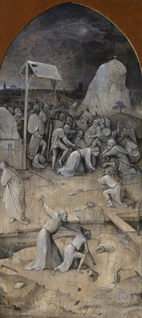 Kuszenie św. Antoniego. Tryptyk, rewers: Pojmanie Chrystusa, 1500-1501. autorstwa Hieronymus Bosch