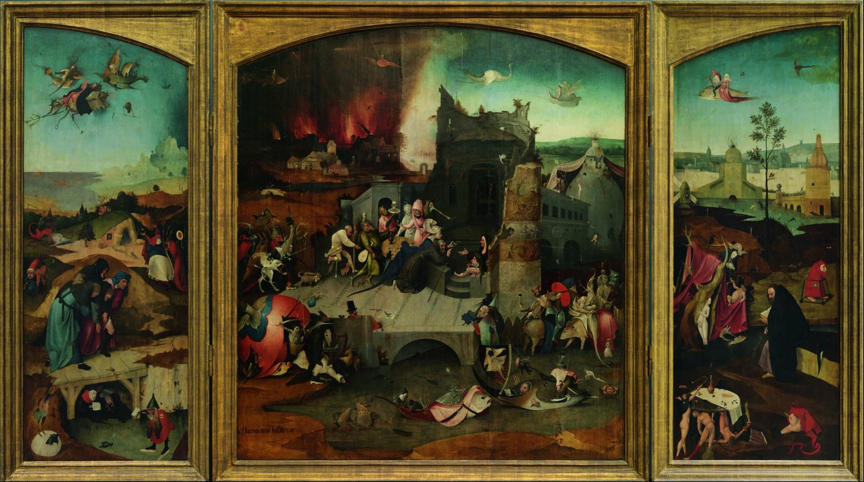 Kuszenie św. Antoniego. Reprodukcja w wysokiej rozdzielczości z Google Art Project. W lewym górnym rogu trzeba było ponownie zsamplować autorstwa Hieronymus Bosch