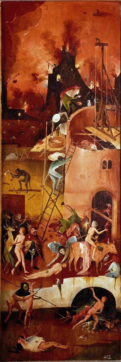 Trypsyda siana: piekielne konstrukcje. Prawy panel wewnętrzny. Obraz na drewnie: Hieronymus Van Aeken (Aken) dit Jerome Bosch (1450-1516) 1500-1502 Dim. 140x232 cm Real Monasterio de El Escorial, El Escorial, Hiszpania autorstwa Hieronymus Bosch