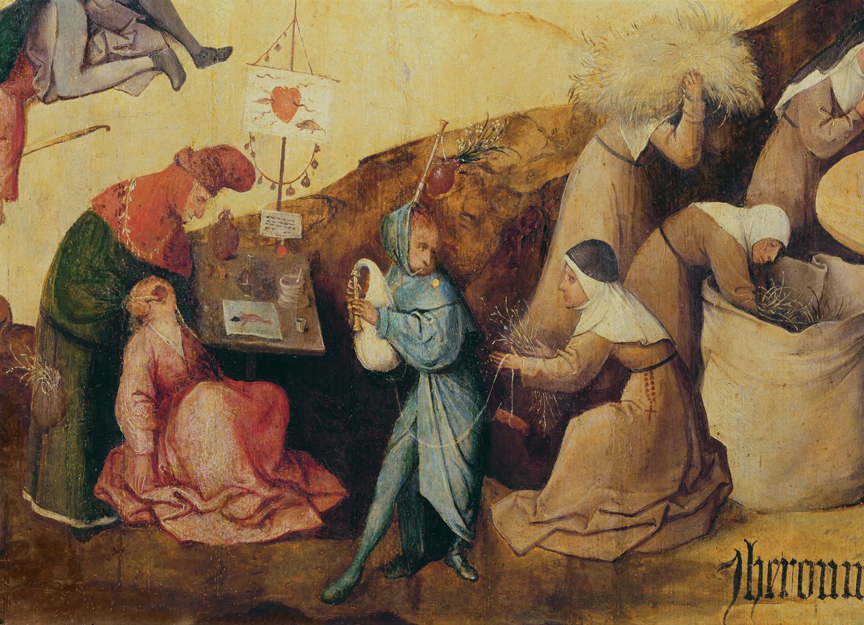 Wyciągacz zębów, dudziarz i zbieracze drewna, fragment środkowego panelu Tryptyku na Haywain, ok. 1515 (detal 3429) autorstwa Hieronymus Bosch