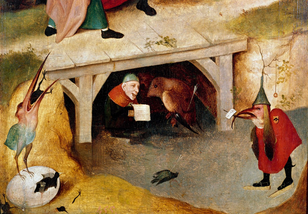 Tryptyk pokus, detal. Lewa strona: lot i upadek św. Antoniego Wielkiego (lub św. Antoniego Pustelnika lub św. Antoniego Opata. Obraz Hieronymusa Van Aekena (Aken) dit Jerome Bosch (1450-1516) autorstwa Hieronymus Bosch
