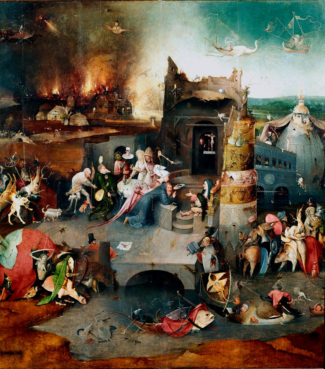 Tryptyk pokus: „”Pokusy św. Antoniego”” Centralny panel przedstawiający pustelnika św. Antoniego Wielkiego (251-356) (lub św. Antoniego Pustelnika lub św. Malowanie przez autorstwa Hieronymus Bosch