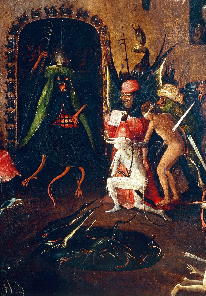 Tryptyk Sądu Ostatecznego, prawy panel. Piekło z pół-człowiekami, pół-zwierzętami potworami. Detal (malarstwo na drewnie, ok.1504) autorstwa Hieronymus Bosch