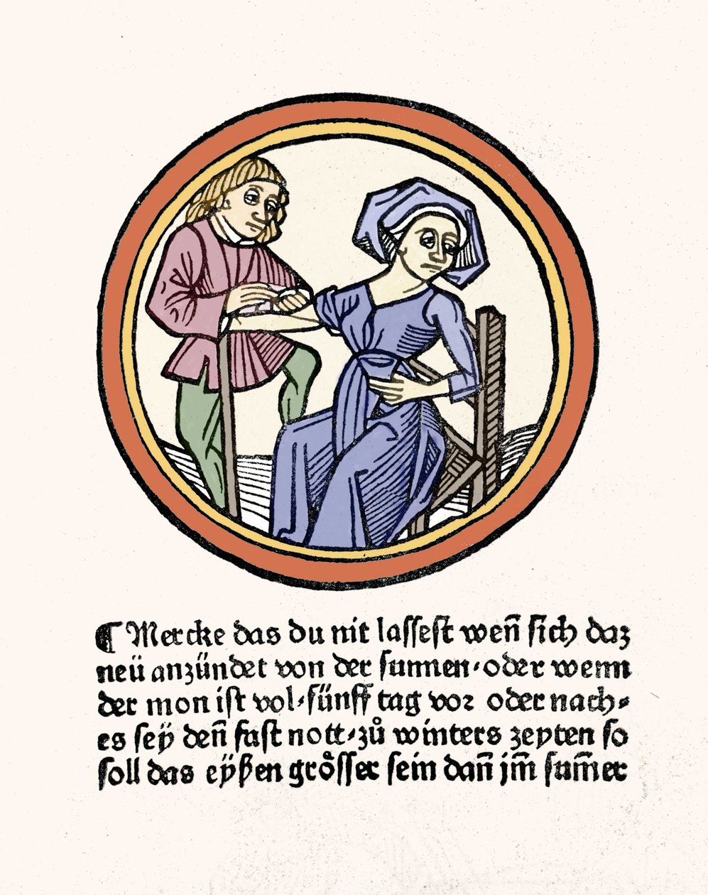 Kobieta krwawi. Ksylografia zaczerpnięta z „Buch de Surgery” Hyeronimusa Braunschweiga. Strasburg 1497 autorstwa Hieronymus Brunschwig