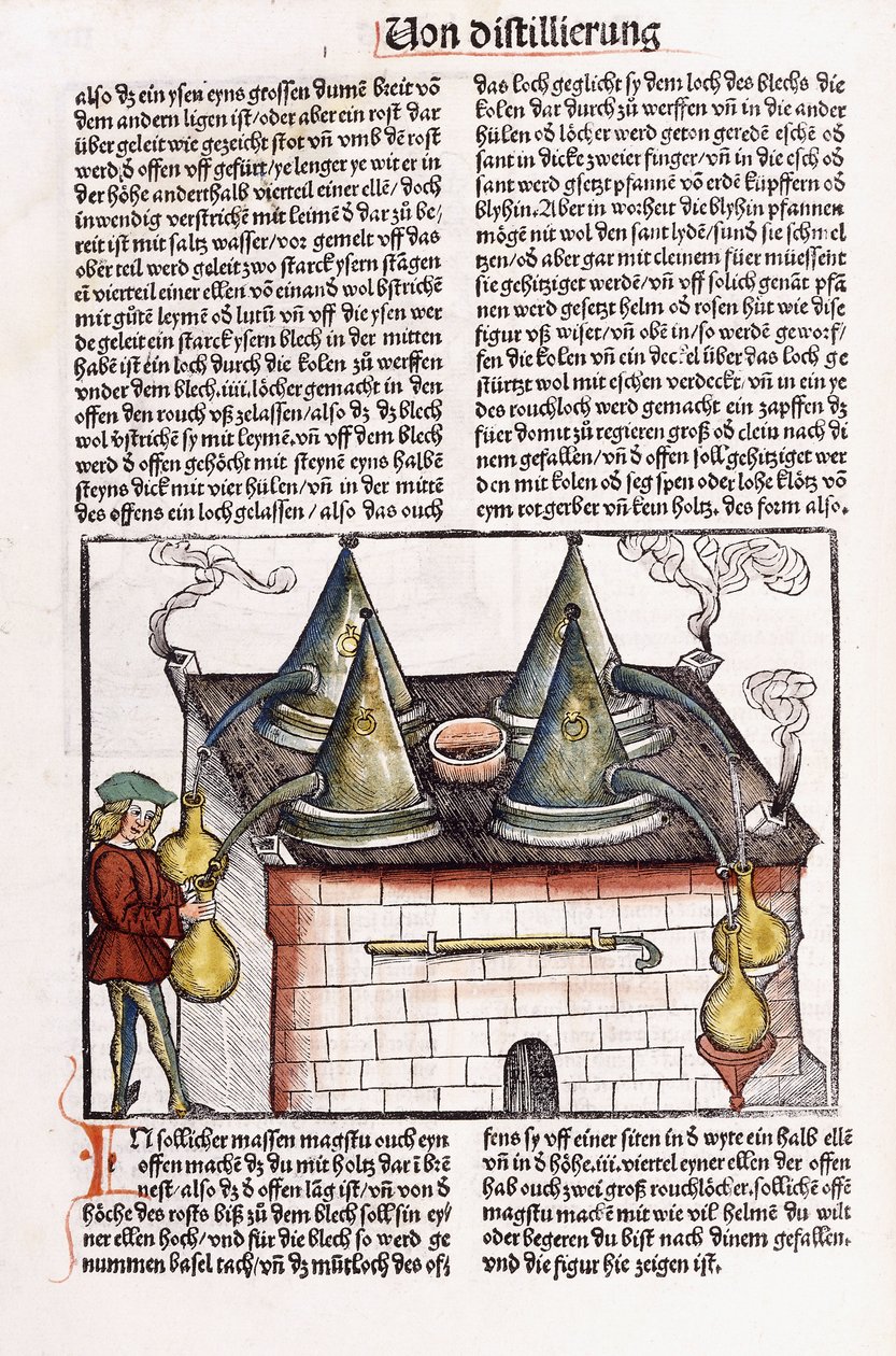 Ilustracja przedstawiająca destylarnię z końca XV wieku do ekstrakcji olejków eterycznych z roślin, 1500 autorstwa Hieronymus Brunschwig