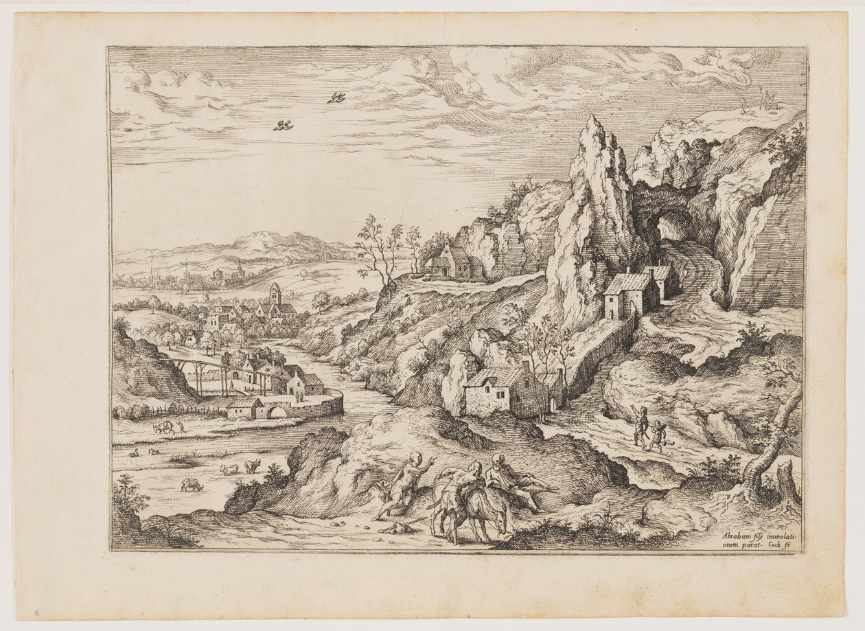 Abraham i Izaak w drodze na ofiarę, z krajobrazów ze scenami biblijnymi i mitologicznymi autorstwa Hieronymus Cock