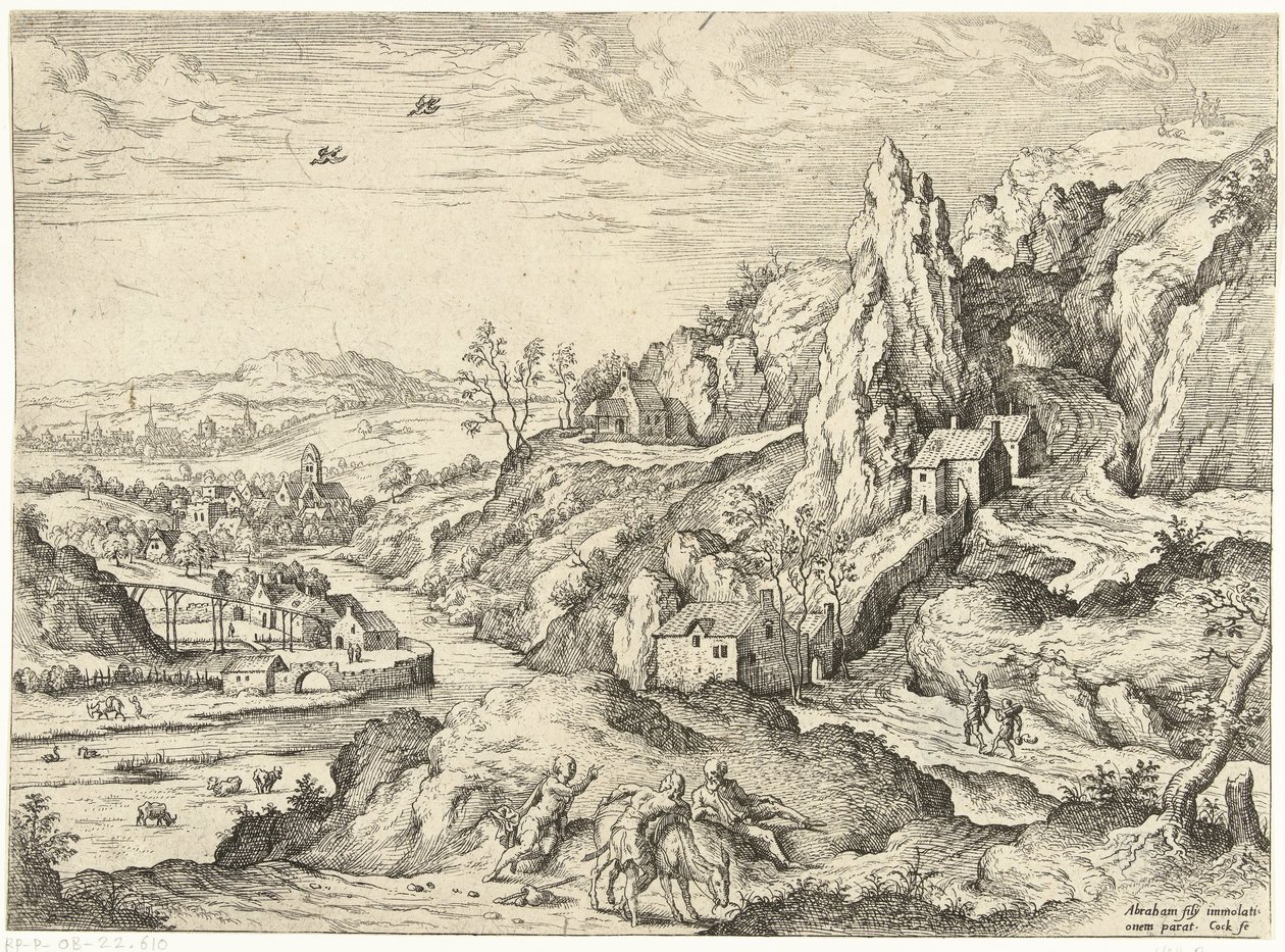 Abraham i Izaak w drodze na miejsce ofiary Pejzaże ze scenami biblijnymi i mitologicznymi (tytuł serii) autorstwa Hieronymus Cock